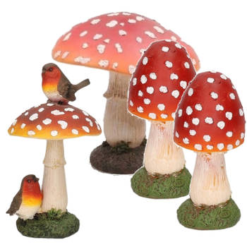Decoratie paddenstoelen setje met 3x gewone paddenstoel en 1x met vogeltjes - Tuinbeelden