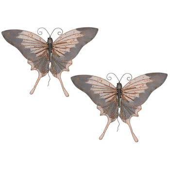 2x stuks grijs/goudbruine metalen tuindecoratie vlinder hangdecoratie 34 x 24 cm cm - Tuinbeelden