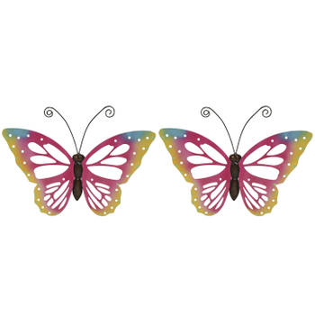 Set van 2x stuks grote roze vlinders/muurvlinders 51 x 38 cm cm tuindecoratie - Tuinbeelden