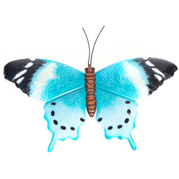 Blauw/zwarte metalen tuindecoratie vlinder 48 cm - Tuinbeelden