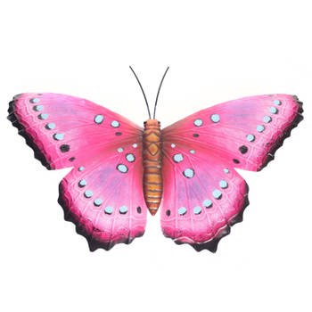 Roze/zwarte metalen tuindecoratie vlinder 48 cm - Tuinbeelden
