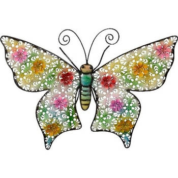 Gekleurde metalen tuindecoratie vlinder hangdecoratie 30 x 43 cm cm - Tuinbeelden