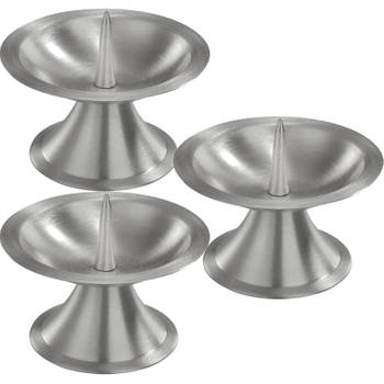 3x Ronde metalen stompkaarsenhouder zilver voor kaarsen 5-6 cm doorsnede - kaars kandelaars