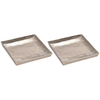 2x Decoratieve aluminium vierkante dienbladen zilver 20 cm - Kaarsenplateaus