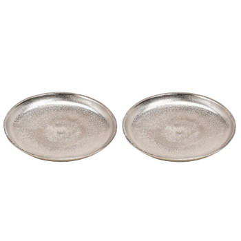 2x Decoratieve aluminium rond dienbladen zilver 20 cm - Kaarsenplateaus