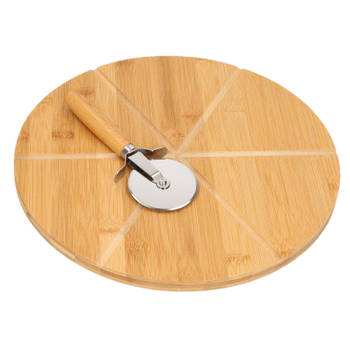 Kesper pizza serveerplank met pizzasnijder - bamboe/hout - 32 cm - rond - snijplank/keukenhulpje - Serveerplanken
