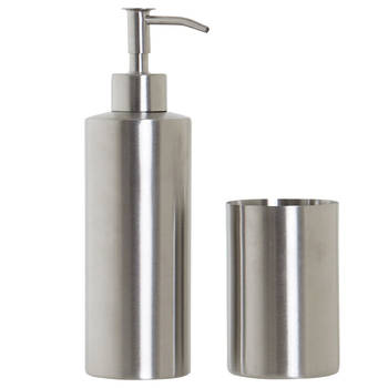 Badkamerset met zeeppompje en tandenborstel beker zilver RVS 21 cm - Badkameraccessoireset