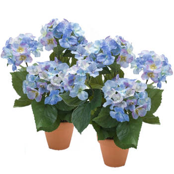 2x stuks blauwe hortensia kunstplant in terracotta pot 40 cm - Kunstplanten
