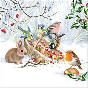 20x stuks Kerst thema servetten 33 x 33 cm winter konijn en vogels - Feestservetten