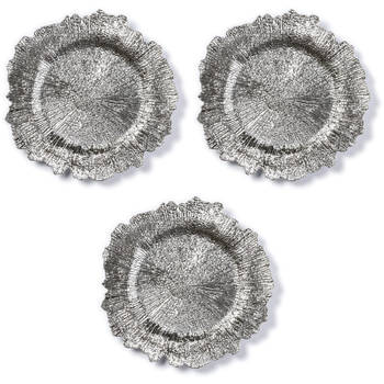 3x Ronde zilveren asymmetrische onderzet borden/kaarsonderzetters 33 cm - Kaarsenplateaus