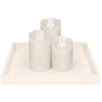 Houten kaarsenonderbord/plateau wit met LED kaarsen set 3 stuks zilver - Kaarsenplateaus