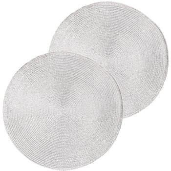 2x Ronde kerst placemats glimmend zilver 38 cm geweven/gevlochten - Placemats