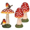 Decoratie paddenstoelen setje met 2x gewone paddenstoel en 1x met vogeltjes - Tuinbeelden