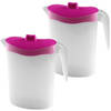 2x Smalle kunststof koelkast schenkkannen 1,5 liter met roze deksel - Schenkkannen