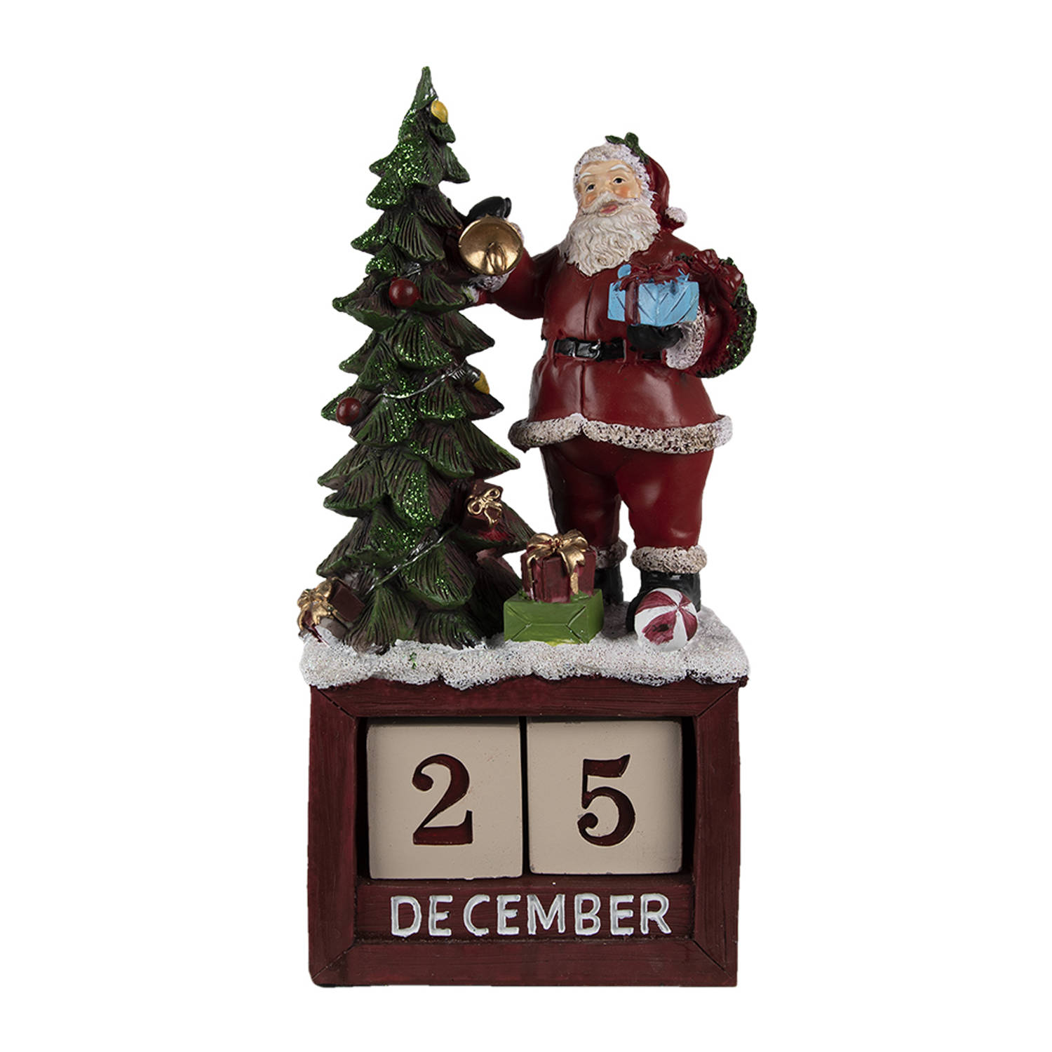 Clayre & Eef Kerstdecoratie Beeld Kerstman 16*10*34 Cm Rood, Groen, Wit Kunststof Kalender Decoratie