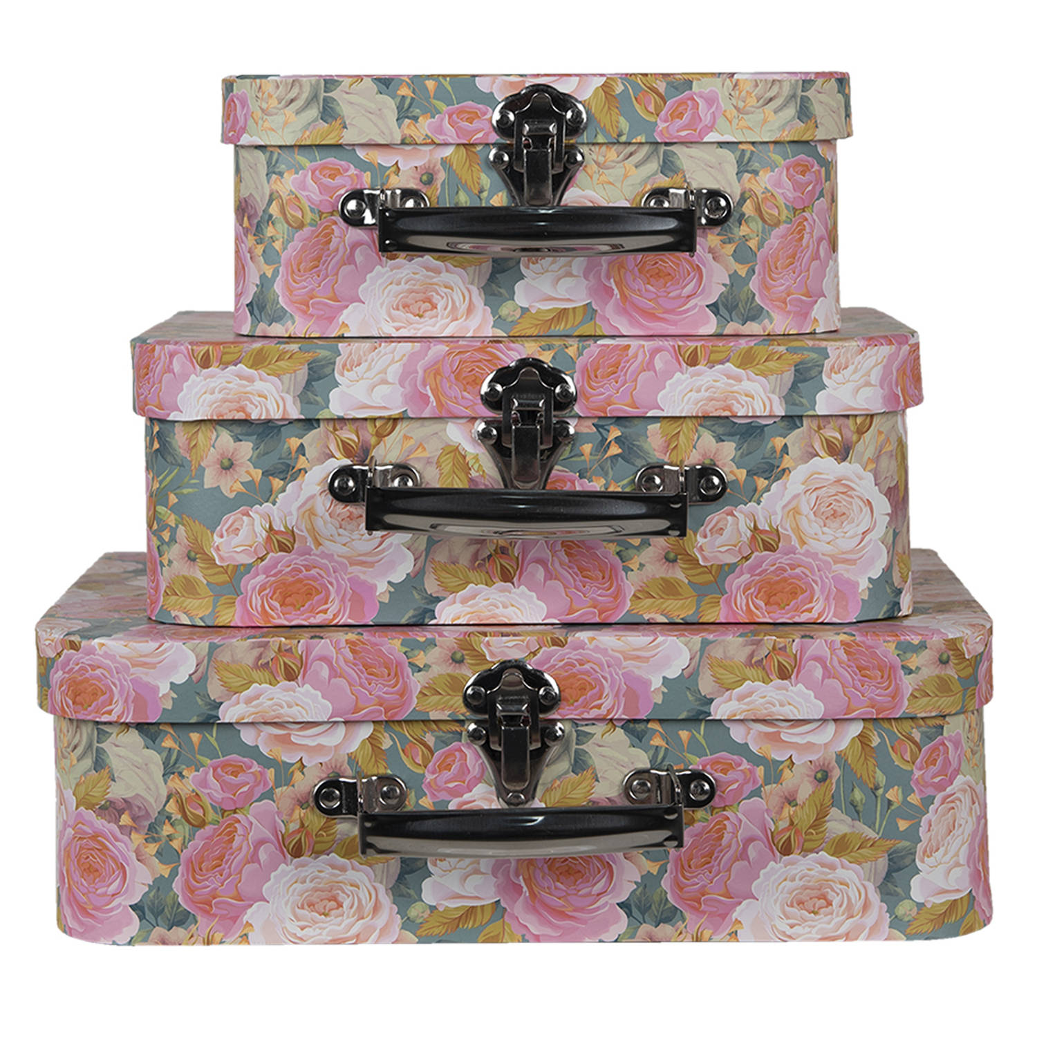 Clayre & Eef Decoratie koffer Set van 3 30x22x10 cm Roze Groen Karton Bloemen Opbergkoffer Koffer