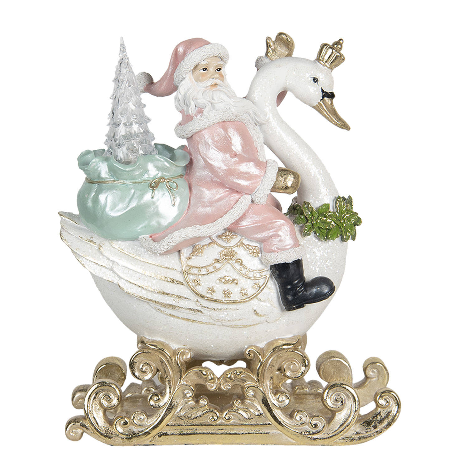 Clayre & Eef Kerstdecoratie Beeld Kerstman 26*15*32 Cm Wit, Roze Kunststof Decoratief Figuur Decorat