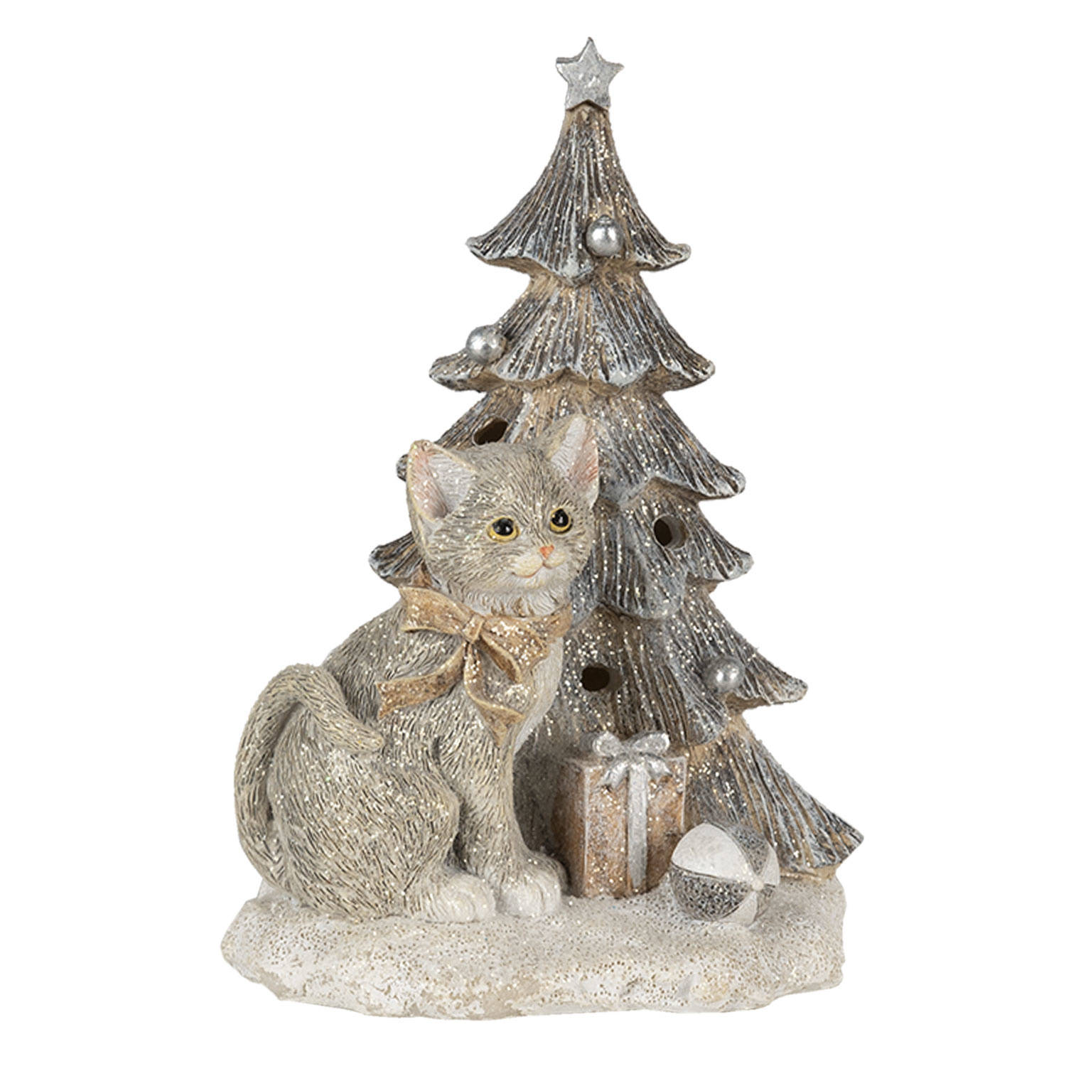 Clayre & Eef Kerstdecoratie Beeld Kat 12*9*16 Cm Led Grijs, Wit Kunststof Decoratief Figuur Decorati