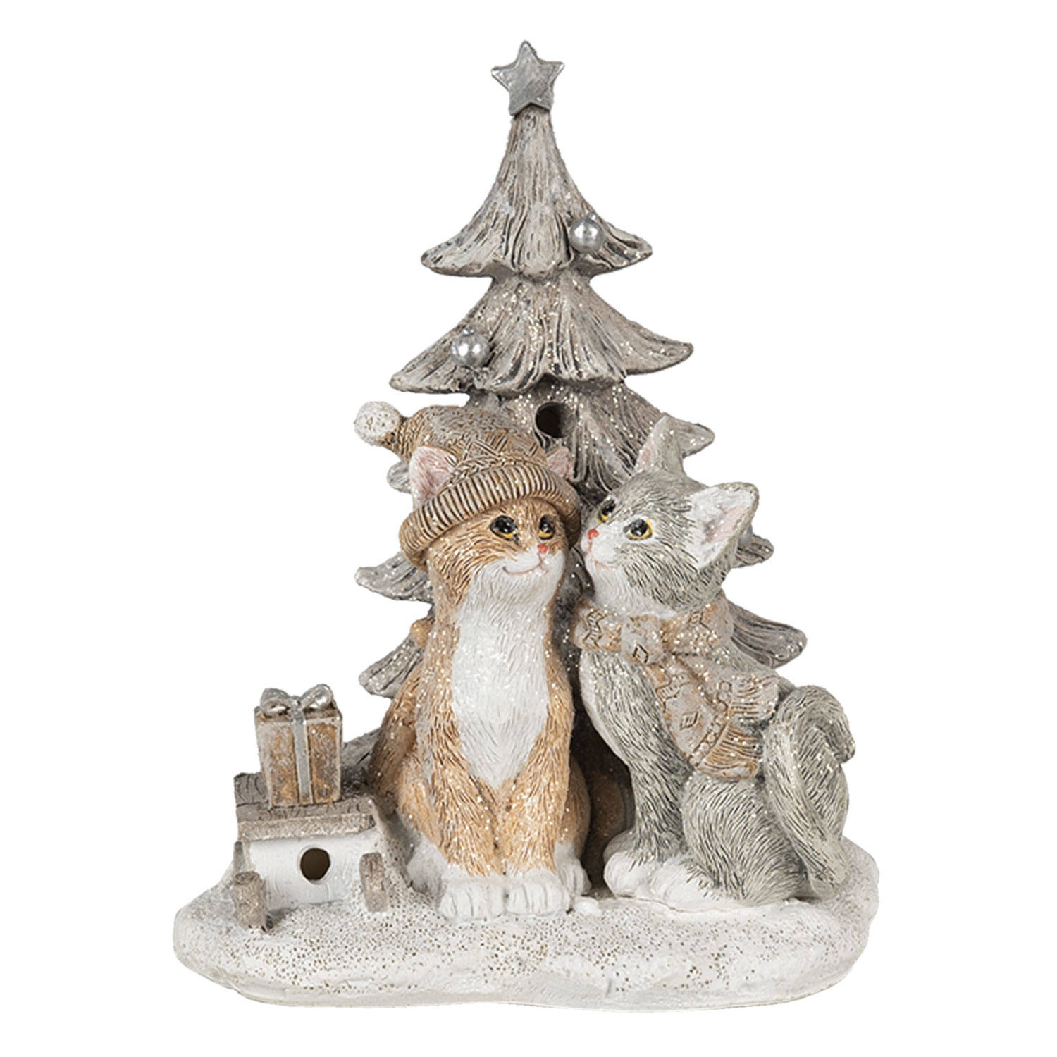 Clayre & Eef Kerstdecoratie Beeld Katten 12*10*16 Cm Led Grijs, Beige, Wit Kunststof Decoratief Figu