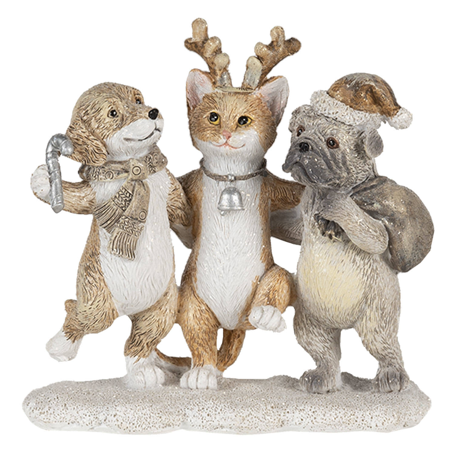 Clayre & Eef Kerstdecoratie Beeld Honden En Kat 13*5*12 Cm Grijs, Beige, Wit Kunststof Decoratief Fi