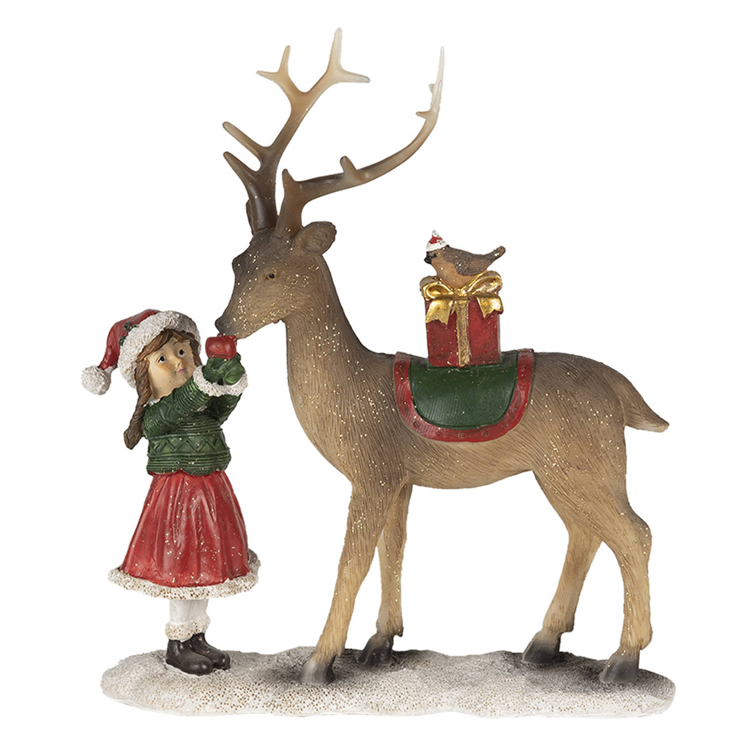 Clayre & Eef Kerstdecoratie Beeld Kind 19*7*21 cm Bruin groen Kunststof Decoratief Figuur Decoratieve Accessoires
