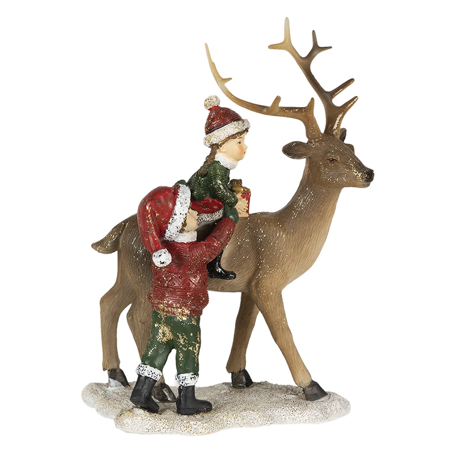 Clayre & Eef Kerstdecoratie Beeld Kinderen 15*9*22 cm Bruin, Rood Kunststof Decoratief Figuur Decoratieve Accessoires