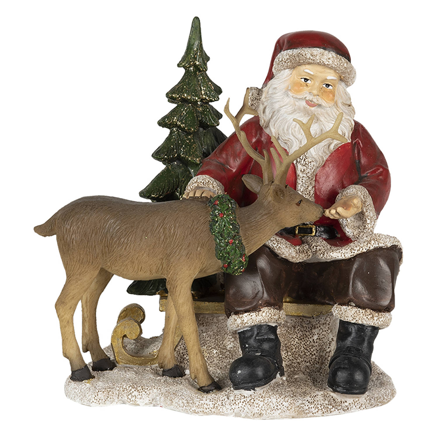Clayre & Eef Kerstdecoratie Beeld Kerstman 17*14*17 cm Rood Bruin Kunststof Decoratief Figuur Decoratieve Accessoires