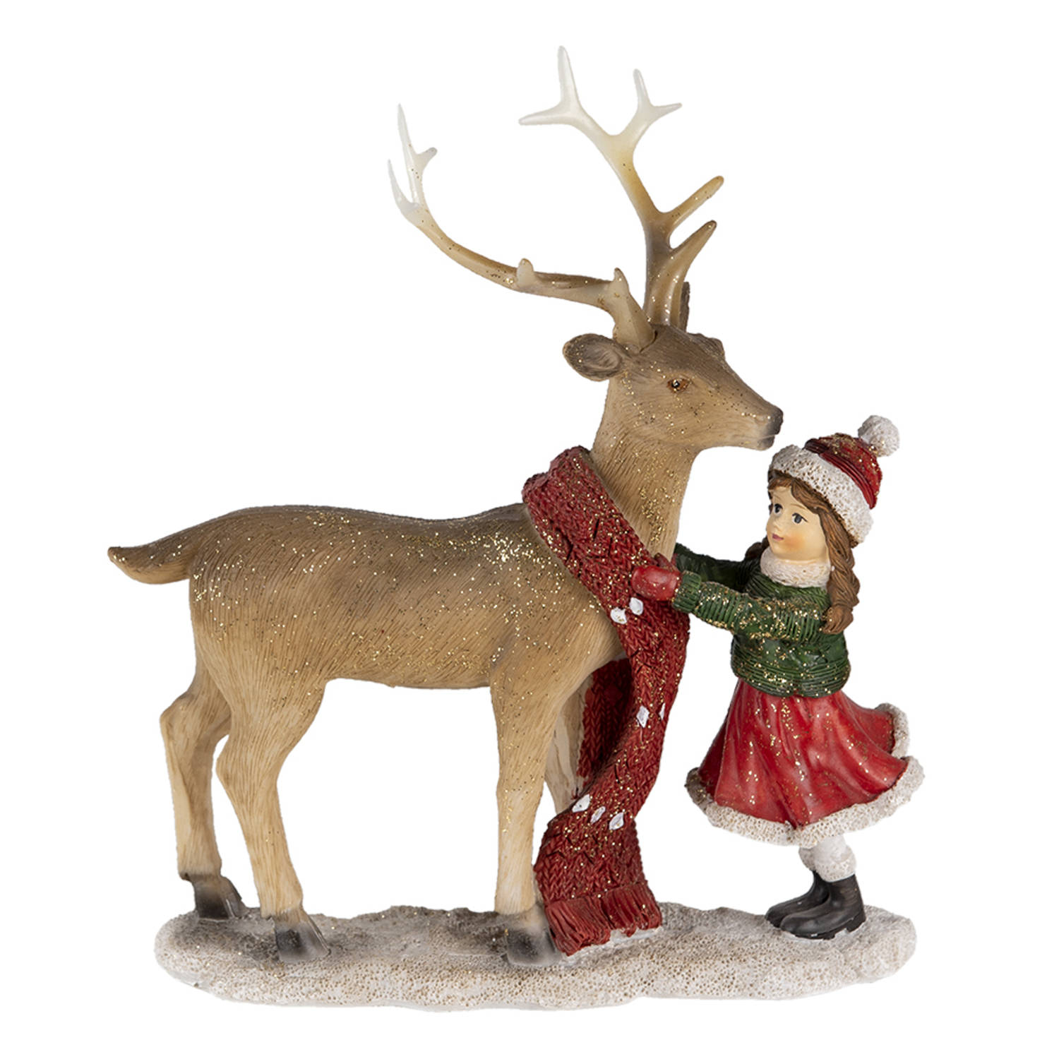 Clayre & Eef Kerstdecoratie Beeld Rendier 18*8*21 cm Bruin Rood Kunststof Decoratief Figuur Decoratieve Accessoires