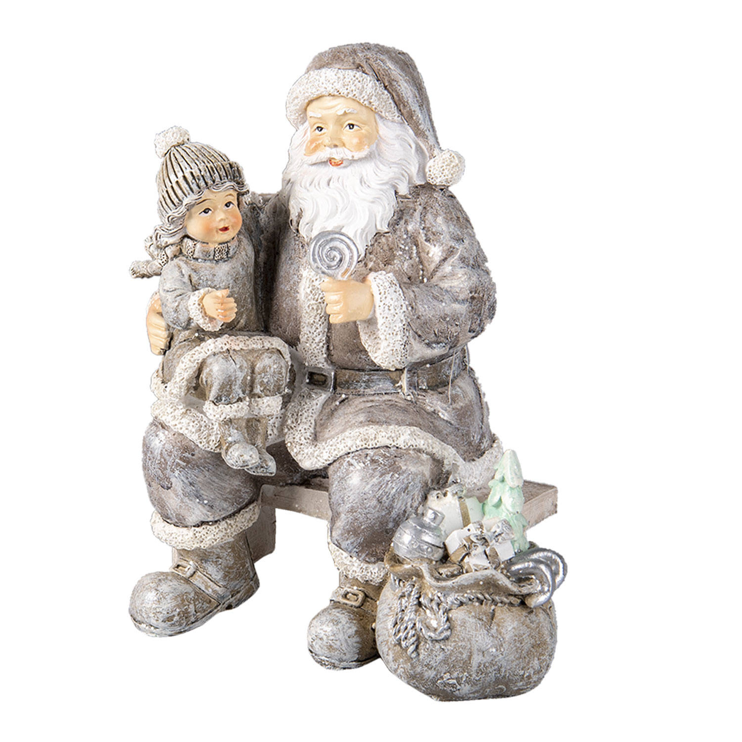 Clayre & Eef Kerstdecoratie Beeld Kerstman 15*10*16 Cm Grijs Kunststof Decoratief Figuur Decoratieve