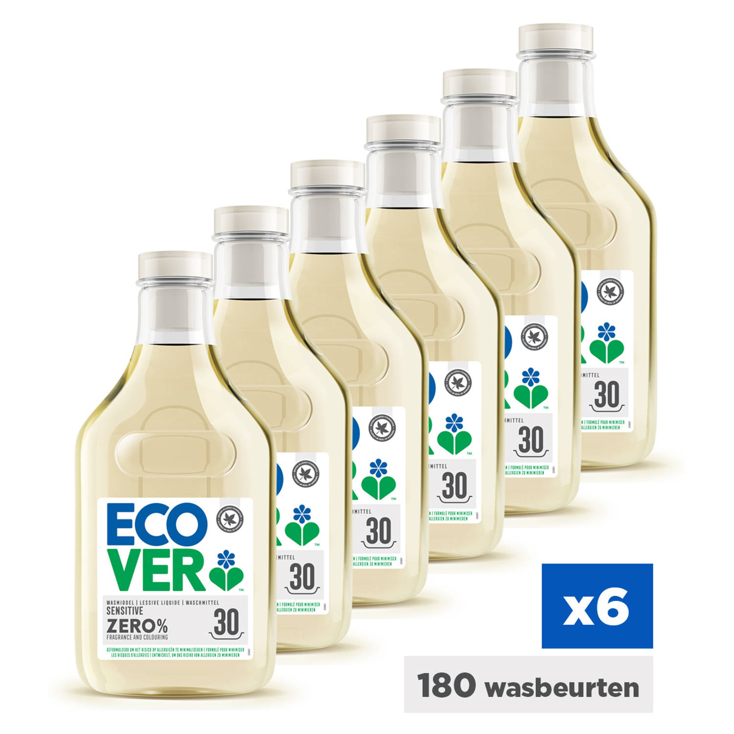 Ecover - Vloeibaar Wasmiddel - ZERO - 0% Parfum & 0% Kleurstoffen - Gevoelige huid - 6 x 1,5L - Voordeelverpakking