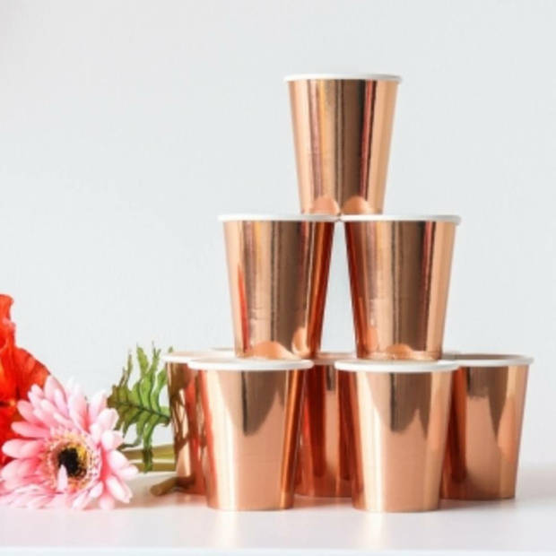 Set van 8x Metallic rose gouden feest bekers van karton 350 ml - Feestbekertjes