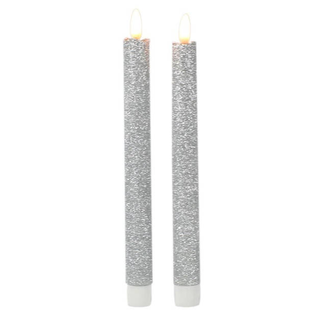 Kaarsen set van 4x stuks Led dinerkaarsen glitter zilver 25,5 cm - LED kaarsen
