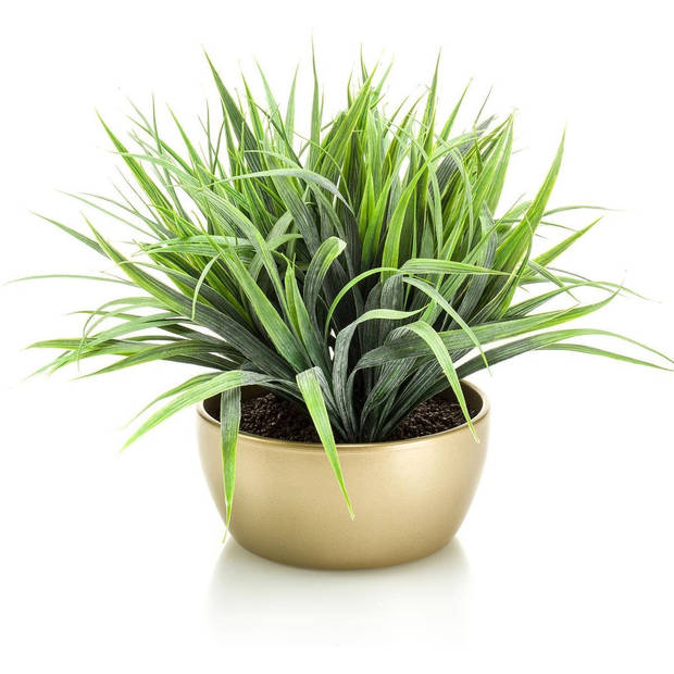 Kunstplant - siergras - groen - in gouden pot - 33 cm - Kunstplanten