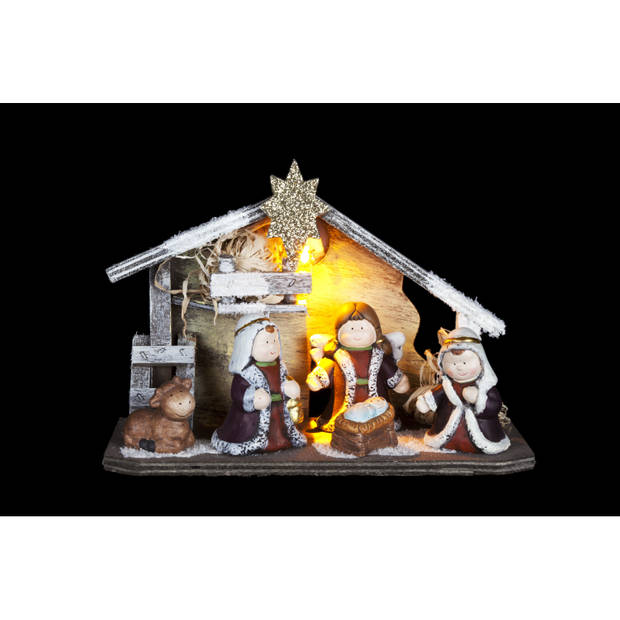 Kinder/kinderkamer kerststal met beelden/figuren en licht 23 x 8,5 x 16 cm - Kerststallen