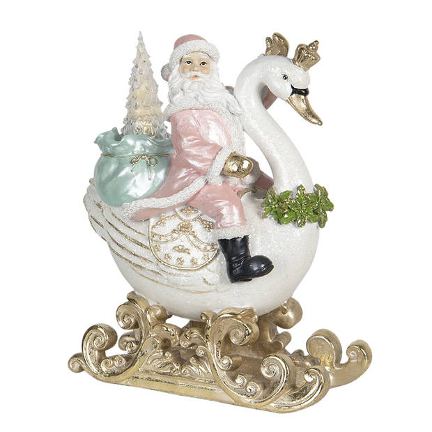 Clayre & Eef Witte Decoratie kerstman op zwaan LED 26*15*32 cm 6PR2984