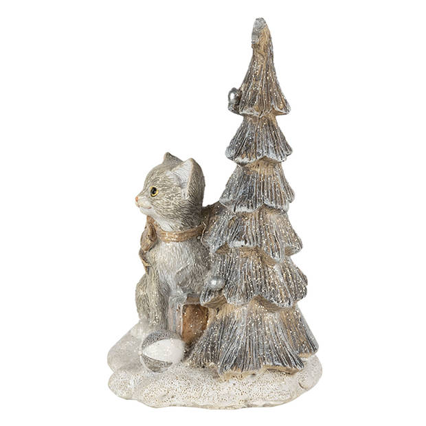 Clayre & Eef Grijze Decoratie kat bij kerstboom LED 12*9*16 cm 6PR4629