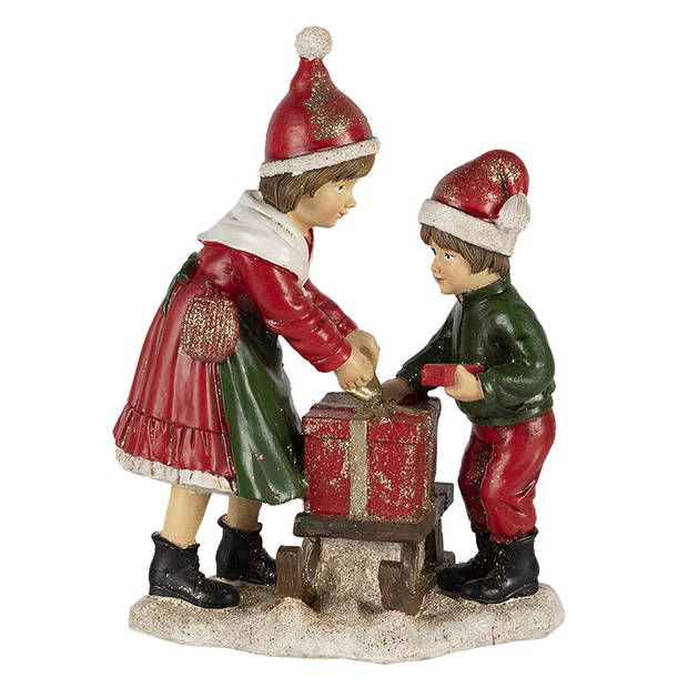 Clayre & Eef Kerstdecoratie Beeld Kinderen 15*10*20 cm Rood, Groen Kunststof Decoratief Figuur Decoratieve Accessoires