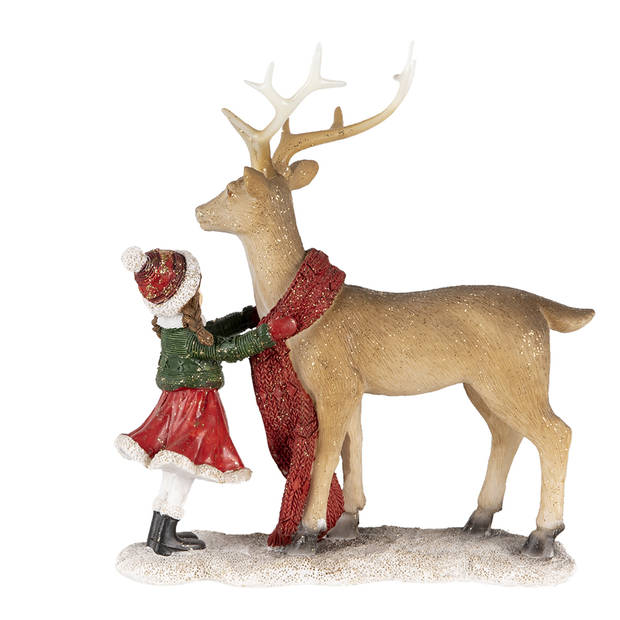 Clayre & Eef Kerstdecoratie Beeld Rendier 18*8*21 cm Bruin Rood Kunststof Decoratief Figuur Decoratieve Accessoires