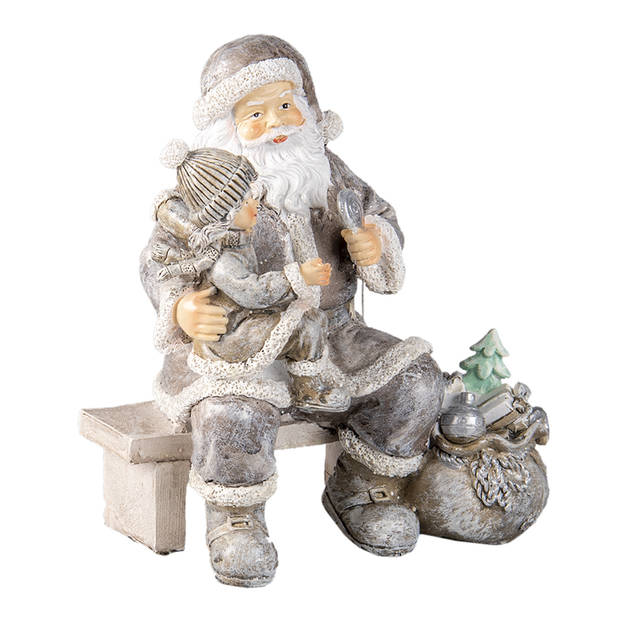 Clayre & Eef Grijze Decoratie kerstman met kind 15*10*16 cm 6PR3473
