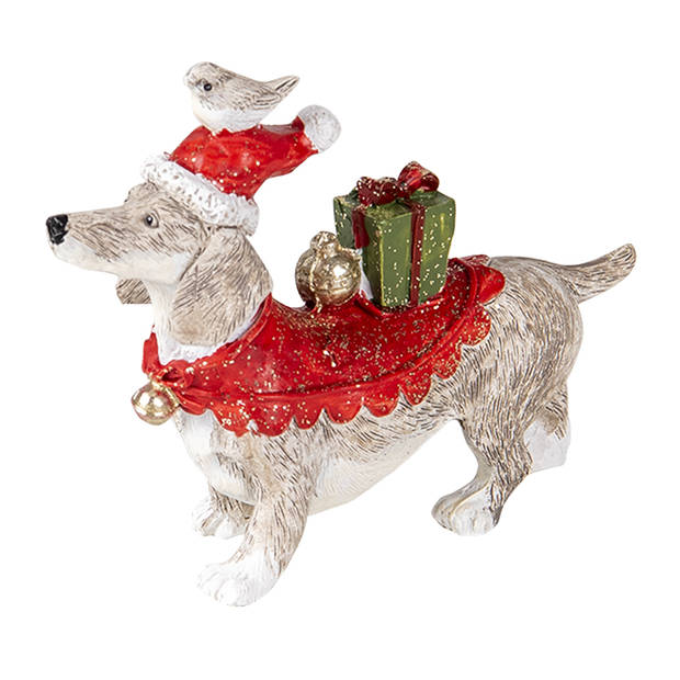 Clayre & Eef Beeld Hond 9x3x8 cm Wit Rood Polyresin Kerstdecoratie Wit Kerstdecoratie