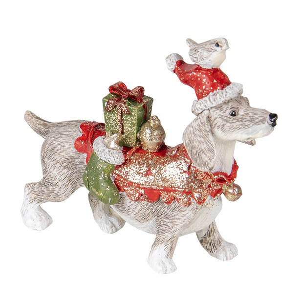 Clayre & Eef Beeld Hond 9x3x8 cm Wit Rood Polyresin Kerstdecoratie Wit Kerstdecoratie