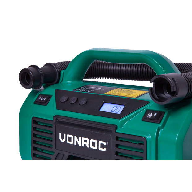VONROC Accu compressor VPower 20V accu & 12V aansluiting – Incl. accessoires, 2.0Ah accu en oplader