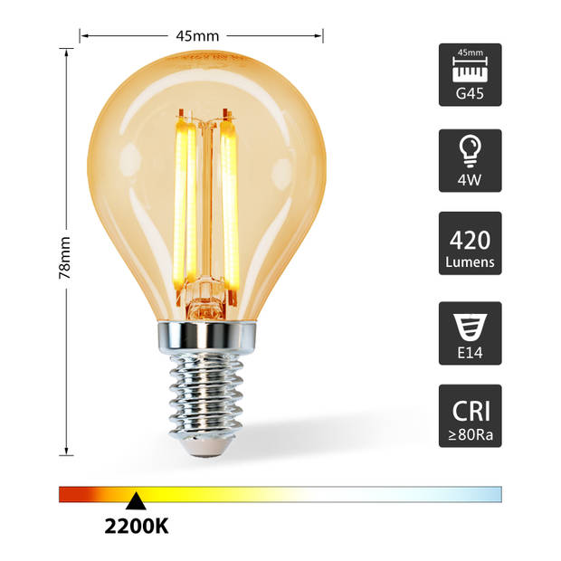 Aigostar LED Filament G45 4W - E14 fitting - 2200K - Amber - Set van 5 stuks