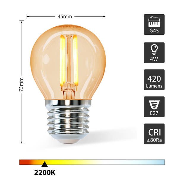 Aigostar LED Filament G45 4W - E27 fitting - 2200K - Set van 5 stuks