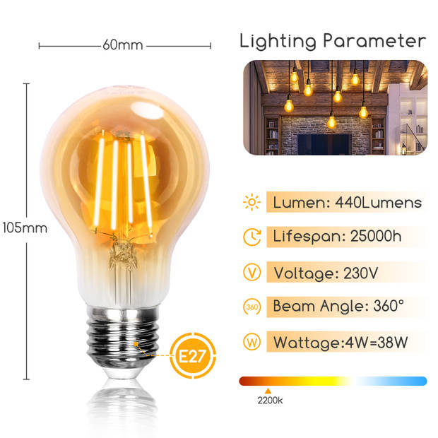 Aigostar LED Filament A60 4W - E27 fitting - 2200K - Amber - Set van 5 stuks