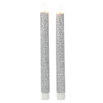 Kaarsen set van 2x stuks Led dinerkaarsen glitter zilver 25,5 cm - LED kaarsen