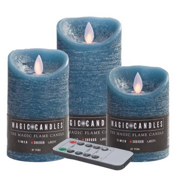 Kaarsen set van 3x stuks Led stompkaarsen jeans blauw met afstandsbediening - LED kaarsen