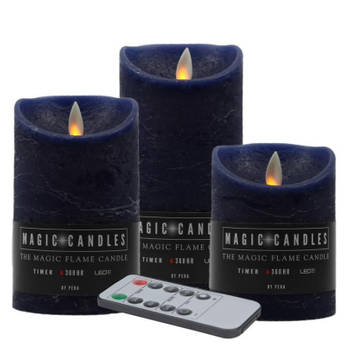 Kaarsen set van 3x stuks LED stompkaarsen donkerblauw met afstandsbediening - LED kaarsen