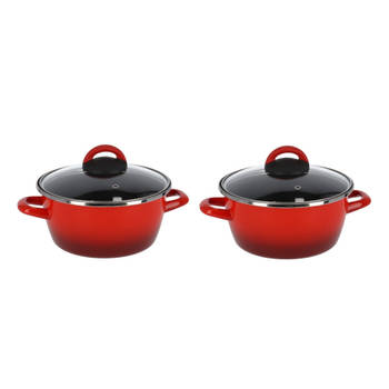 Set van 2x stuks rvs rode kookpan/pan met glazen deksel 16 cm 1 liter - Kookpannen