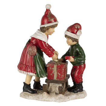Clayre & Eef Kerstdecoratie Beeld Kinderen 15*10*20 cm Rood, Groen Kunststof Decoratief Figuur Decoratieve Accessoires